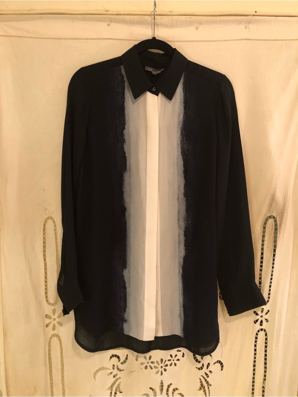 Vince Black and White 100% silk Button-Down Sheer Panel Shirt